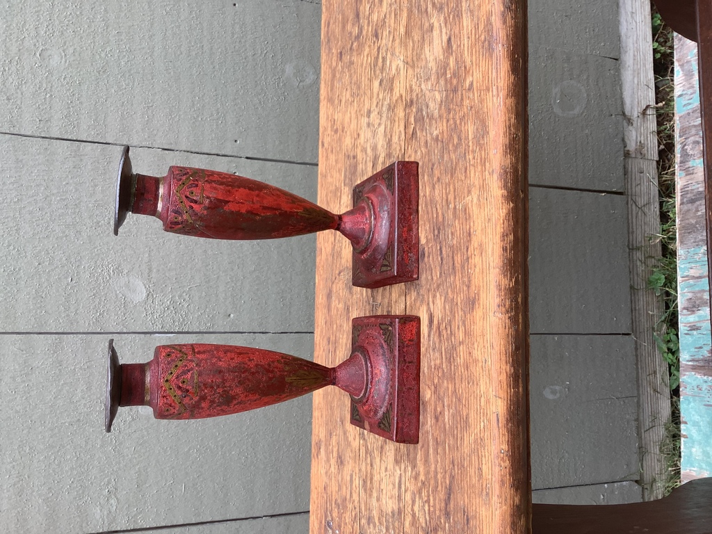 PAIR OF PAINTED TOLEWARE CANDLE STICKS WITH BOBECHE